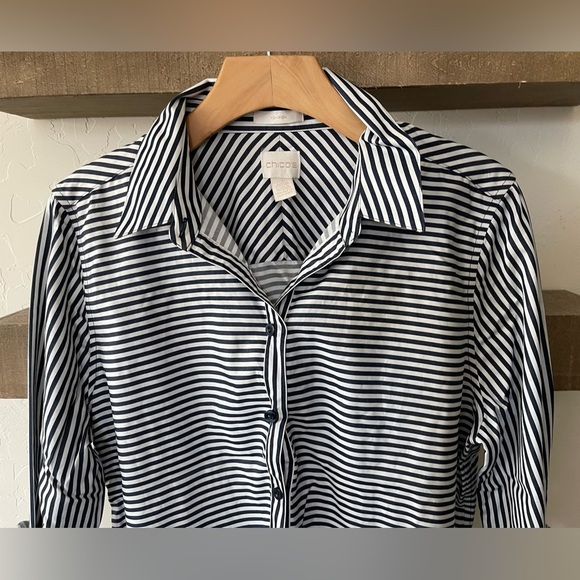 Chico’s| Horizontal Stripe Shirt, No-Iron Button Down Blouse, Size 1/Medium••• - Picture 7 of 15